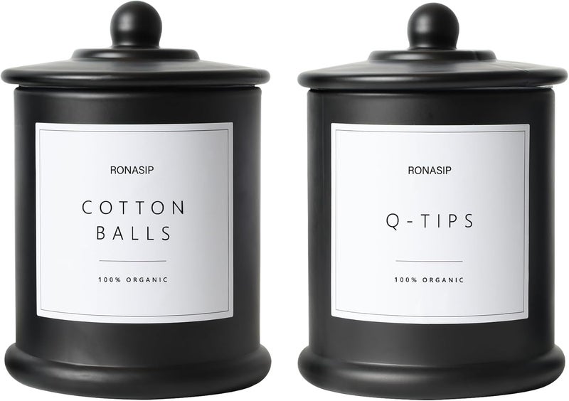Ronasip Qtip Holder & Cotton Pad Dispenser, Bathroom Organizer and Storage Canisters, 16oz Glass Apothecary Jars for Kitchen, Restroom - Home Decor Accessories, Room Decor Aesthetic (2 Pack, Black) - Image 1